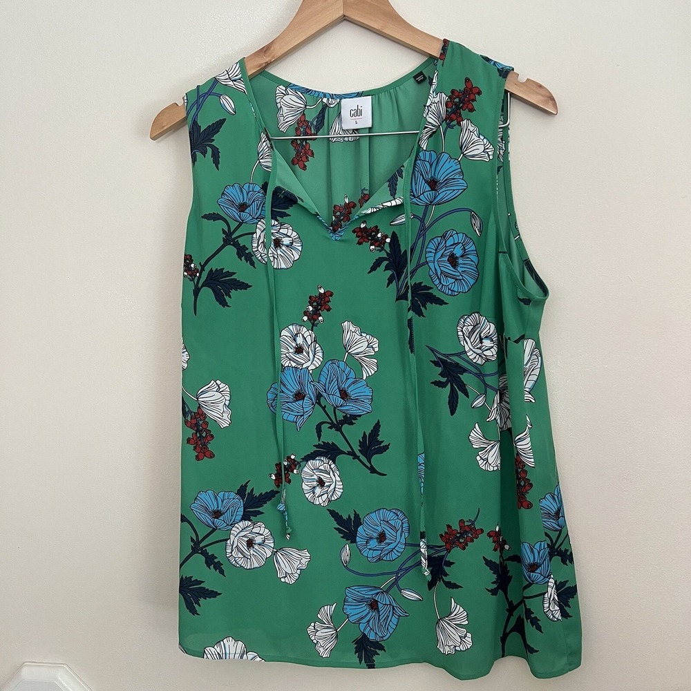 CABI Primrose Kelly Green Floral Print Lightweight Sleeveless Blouse SZ Large